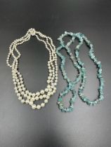 A pearl three strand necklace and a semi precious stone necklace Being sold on behalf of