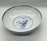 Blue and white shallow bowl with immortals on exterior (H6cm Dia22cm)