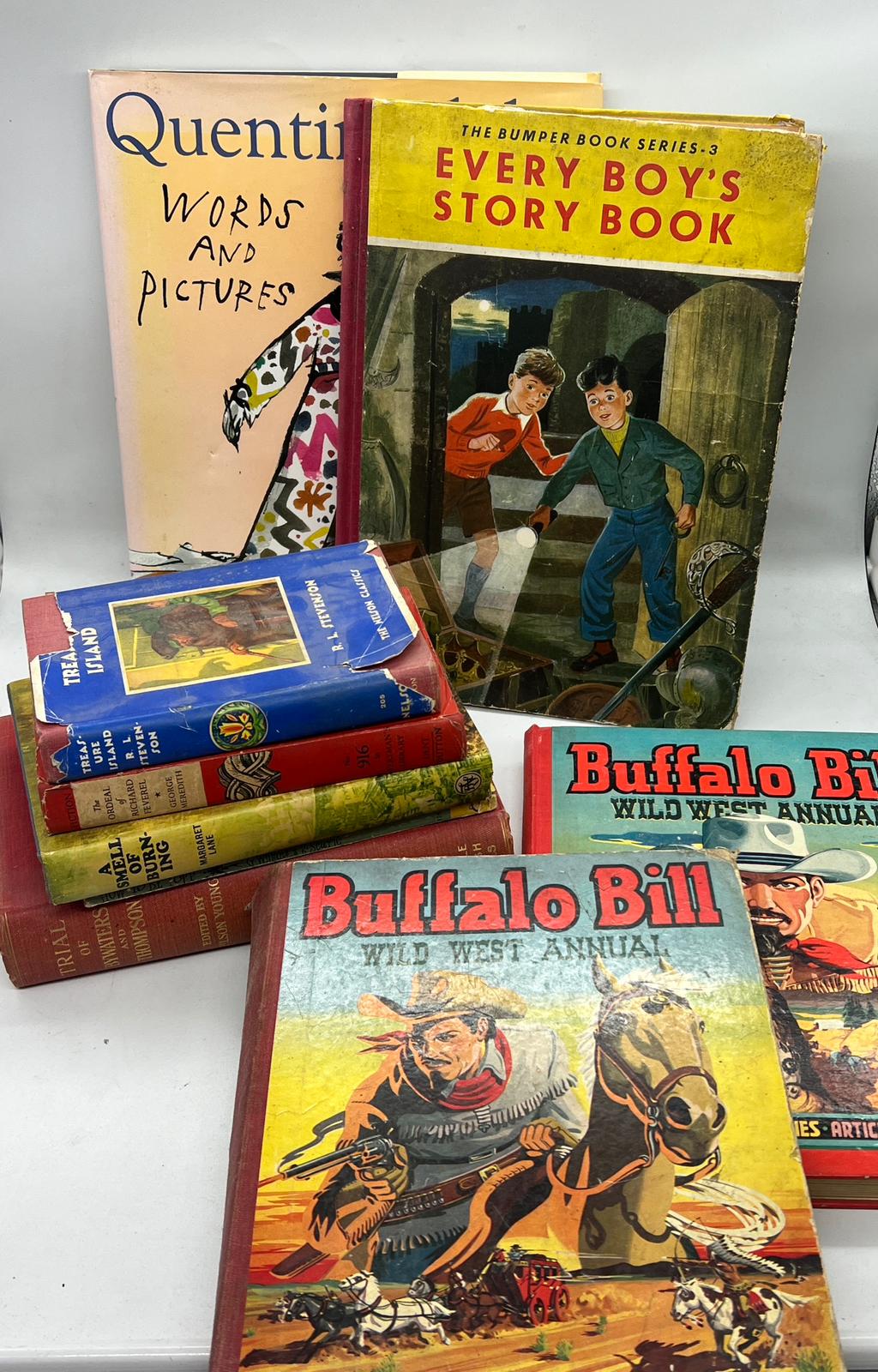 A selection of children's books including Buffalo Bill Treasure Island etc