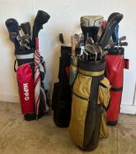 A selection of golf clubs and bags to include Callaway, Petion and King Cobra