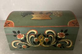 A wooden painted trinket or jewellery box with scrolling flowers and fruit