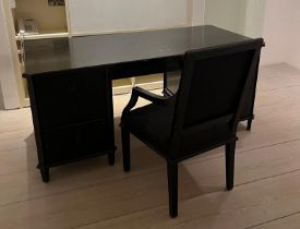A French ebony style desk with ring pull handles and matching chair (H78cm W177cm D81cm)
