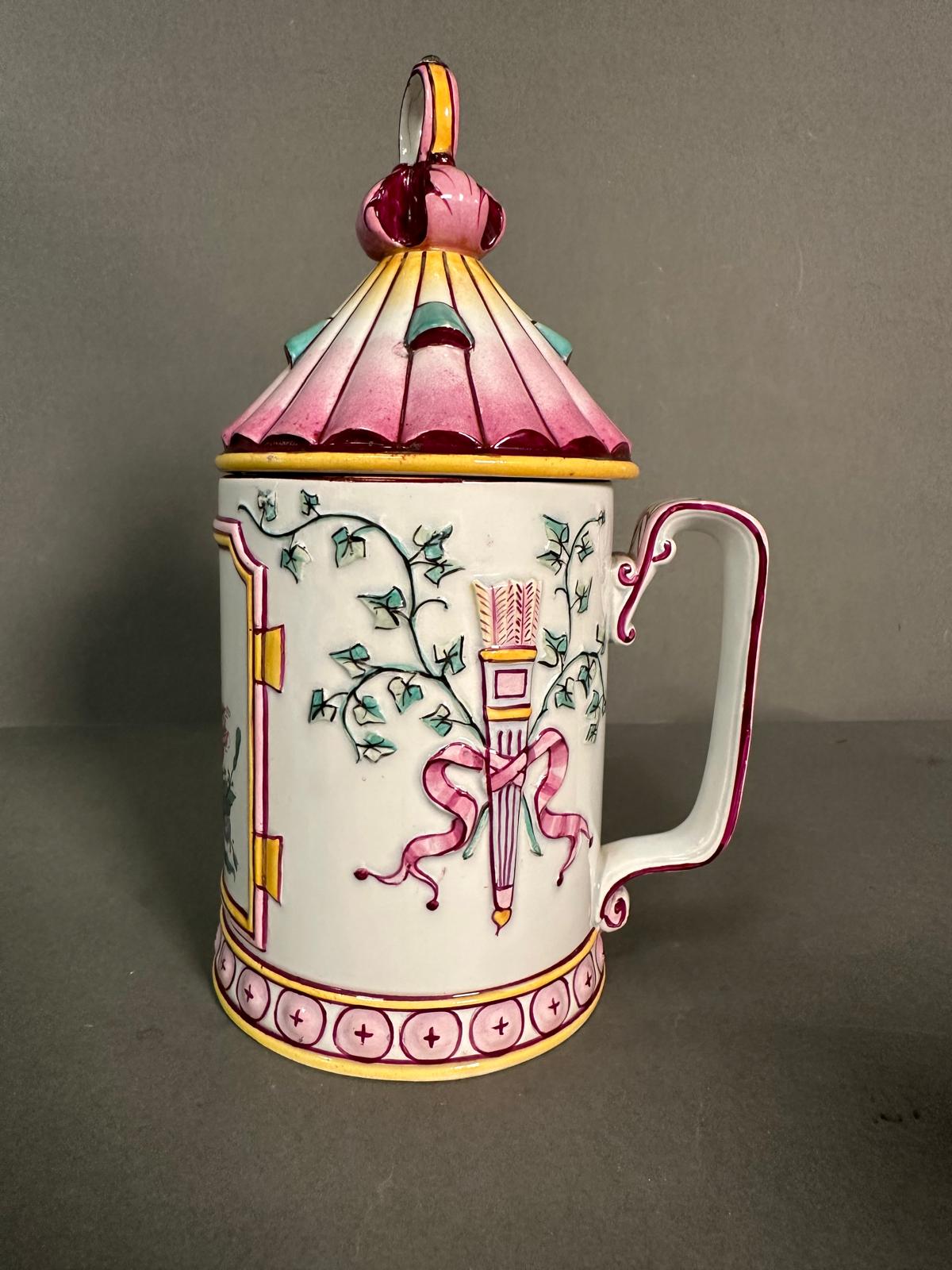 A French lidded mug decorated in pinks and yellows with floral central shield - Image 4 of 5