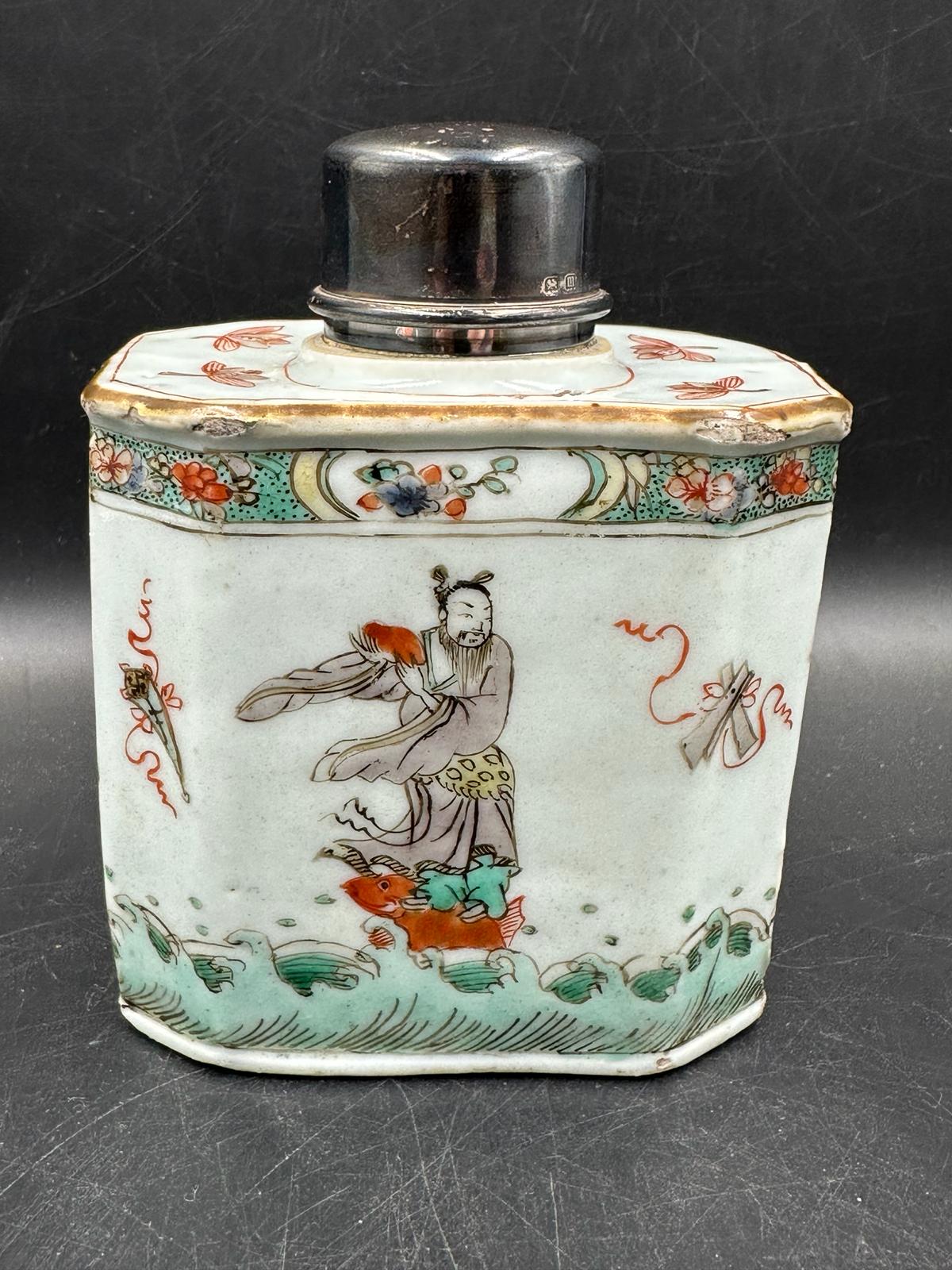 An 19th Century Chinese famille Vert tea caddy with silver Hallmarked lid and collar - Image 7 of 10