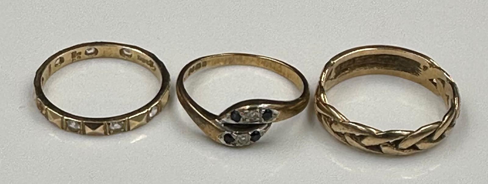 Three 9ct gold rings, various styles and finishes with approximate total weight 5.4g.