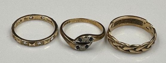 Three 9ct gold rings, various styles and finishes with approximate total weight 5.4g.
