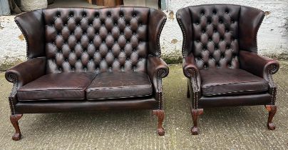 Two seater button back salon sofa and matching chair (H94cm W134cm D67cm)