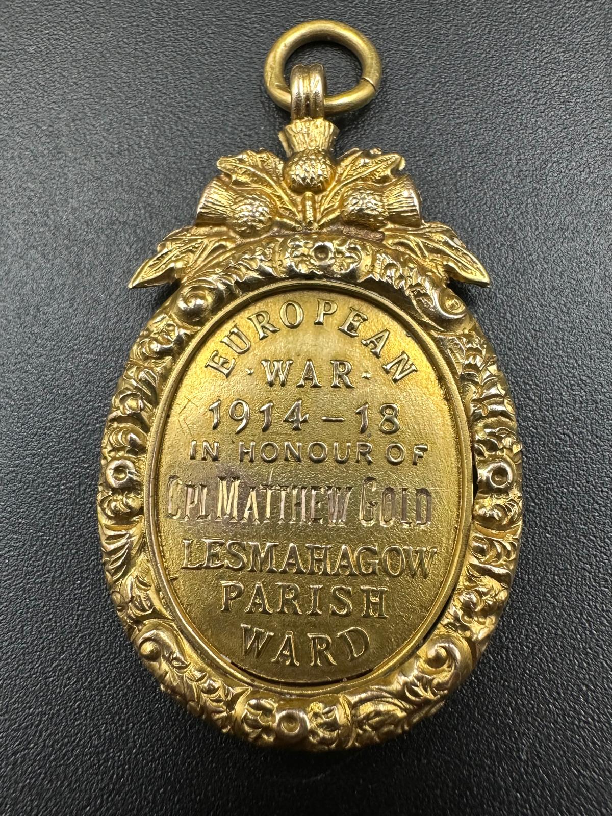 A 9ct gold European War 1914-18 medallion, cast to honour Cpl Matthew Gold of Lesmahagow Parish Ward - Image 2 of 7