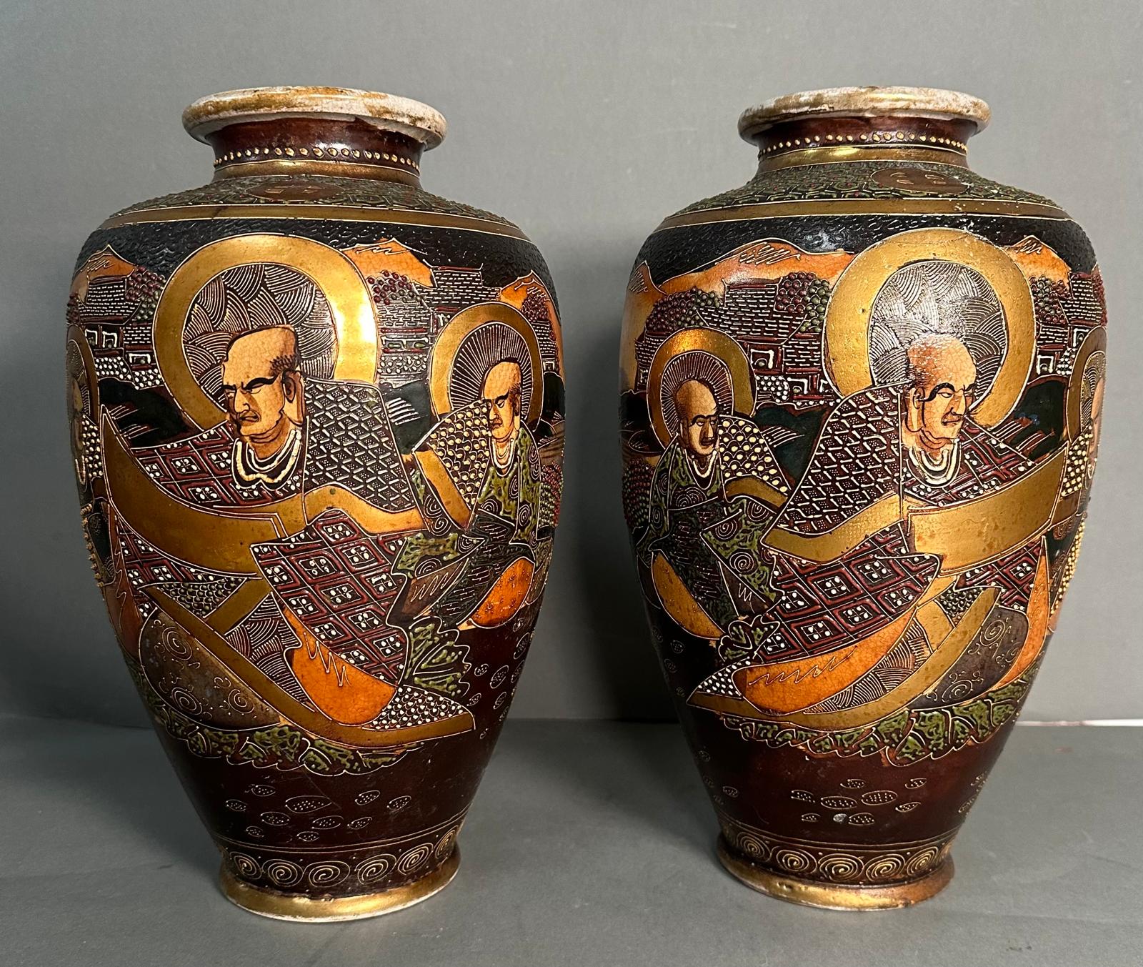 Two Japanese Satsuma gilded and enamel vases (H33cm)