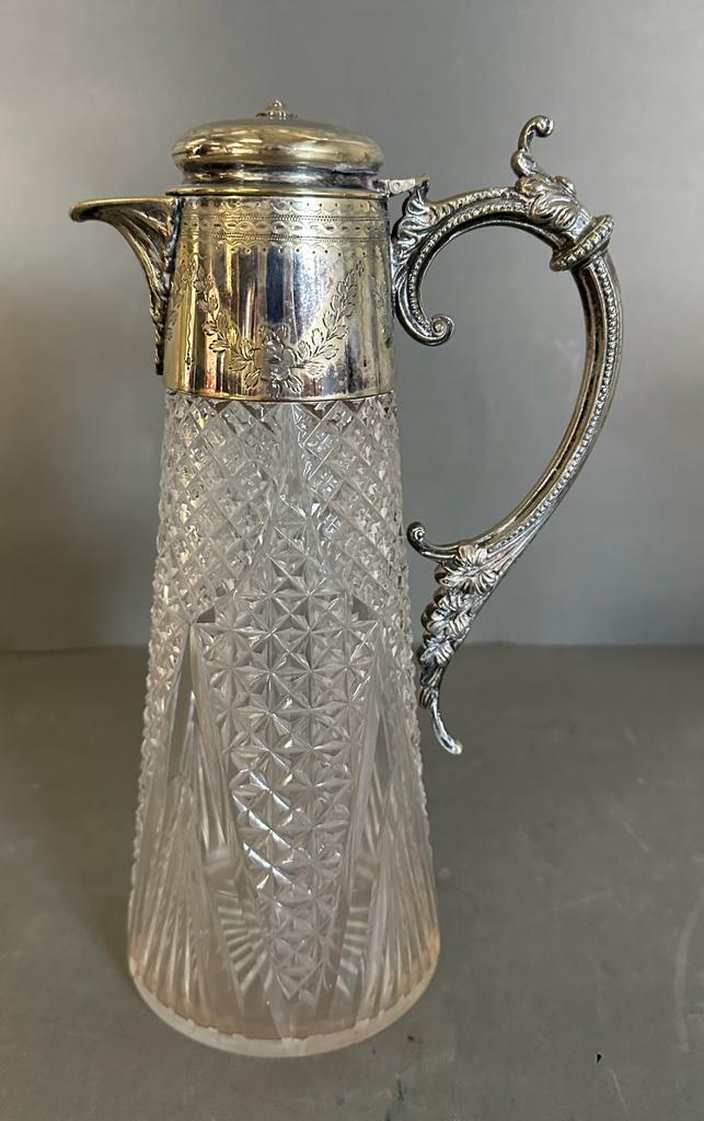 Two cut glass claret jugs with scrolling silver plated handles - Image 3 of 5