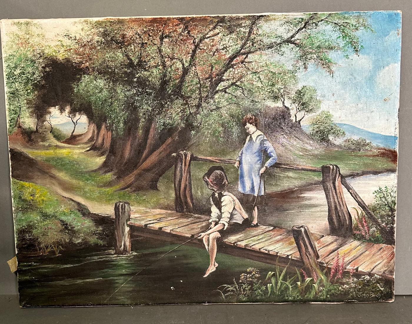 An oil on canvas of a river scene with two children fishing from a bridge signed John Birch lower