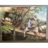 An oil on canvas of a river scene with two children fishing from a bridge signed John Birch lower