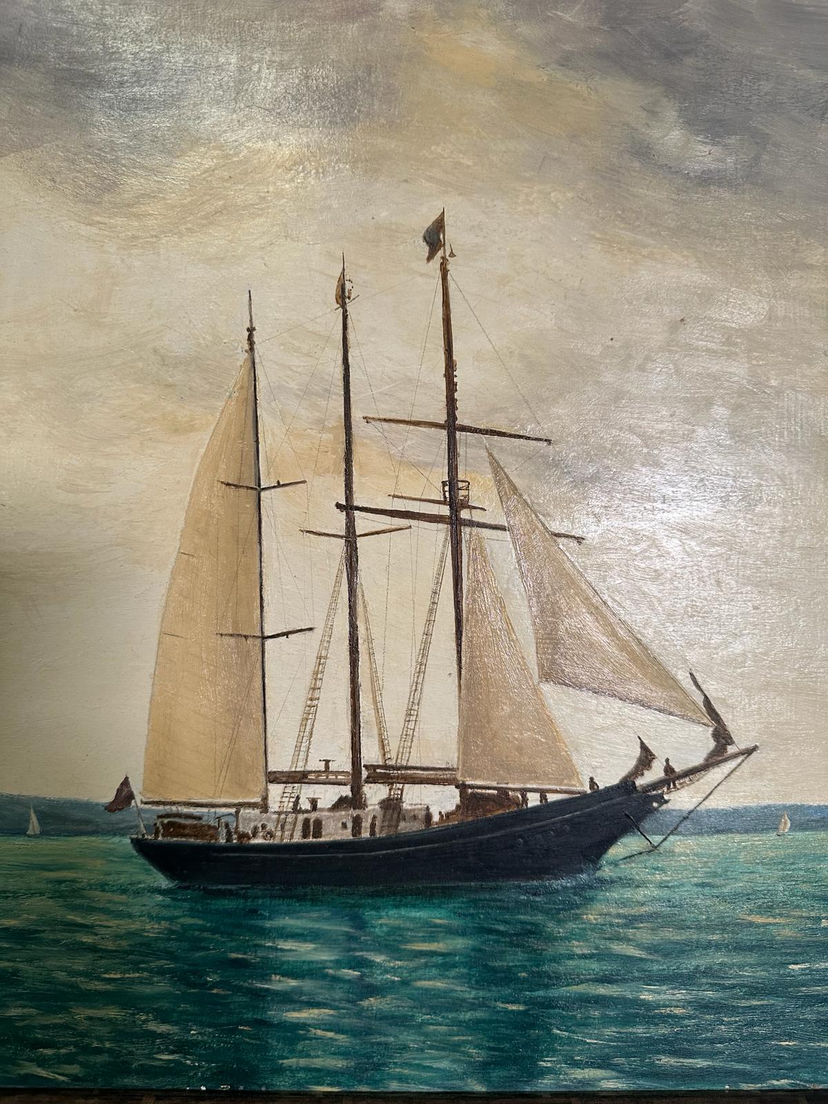 An oil on board of a sailing ship on a turquoise sea with costal back ground, signed M Small lower - Image 4 of 5