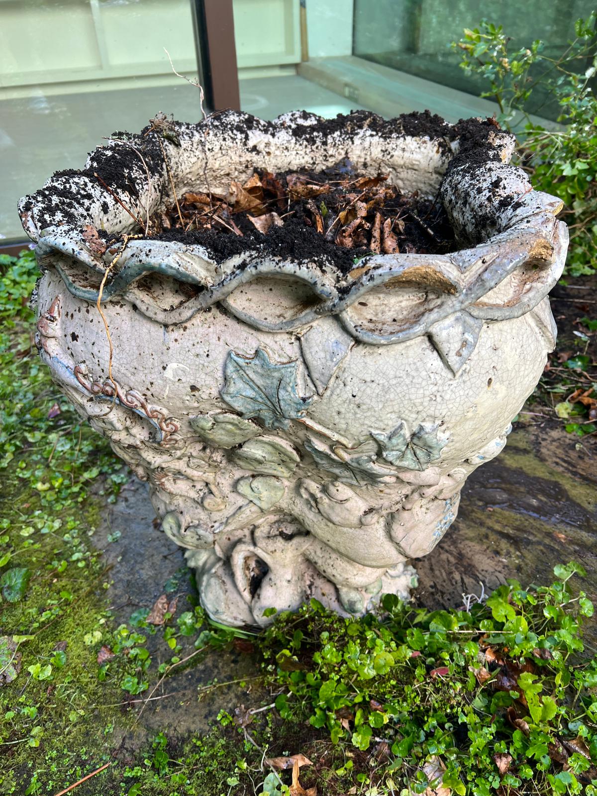 A glazed ceramic planter with platted design around the top and natural scene including a clock in a - Image 15 of 16