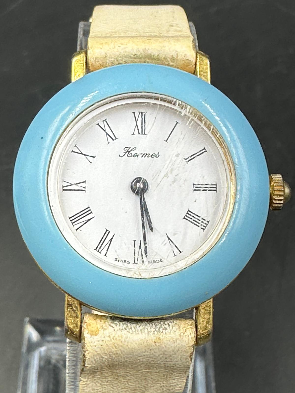 A vintage Hermes, blue bezel watch on stainless steel with white leather strap. - Image 3 of 4