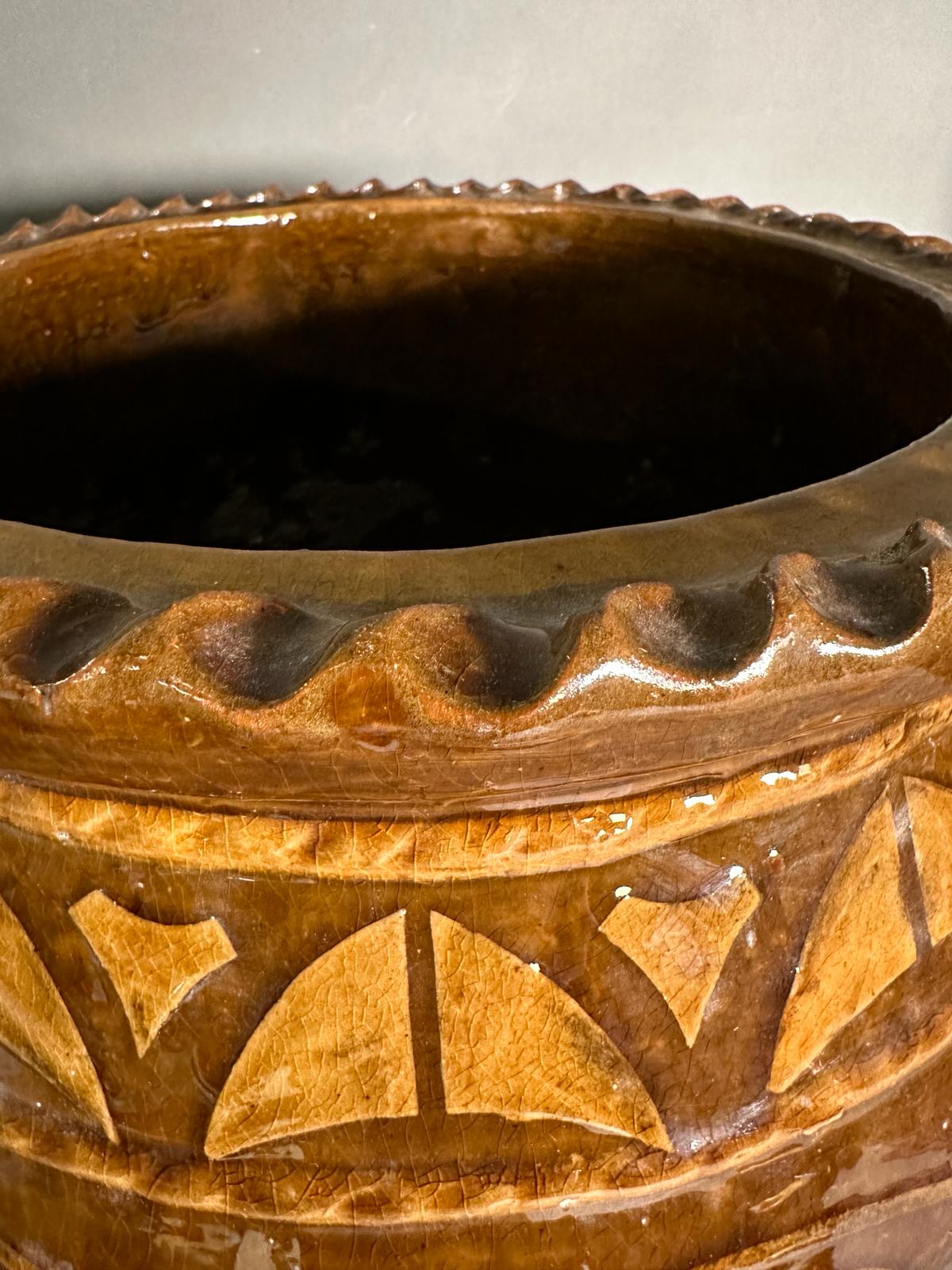 A brown studio pottery planter with crimped rim and floral motif. Height 43 - Image 2 of 4