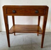 A single drawer side table with string and burr walnut inlay, shelf under and brass handles (H70cm