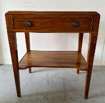 A single drawer side table with string and burr walnut inlay, shelf under and brass handles (H70cm