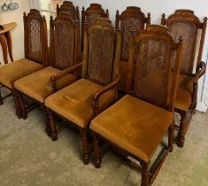 Six chairs and two carvers with cane back and velvet seat pads