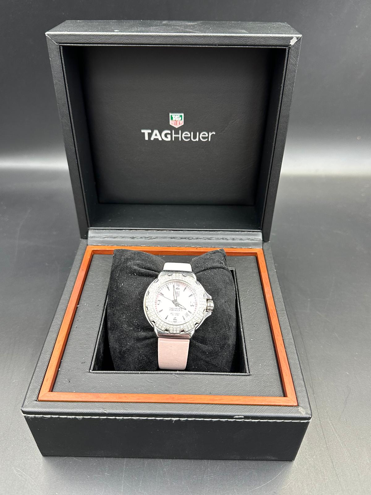 A Ladies Tag Heuer Formula 1 watch with diamond bezel, box and papers on pink leather strap with - Image 5 of 6
