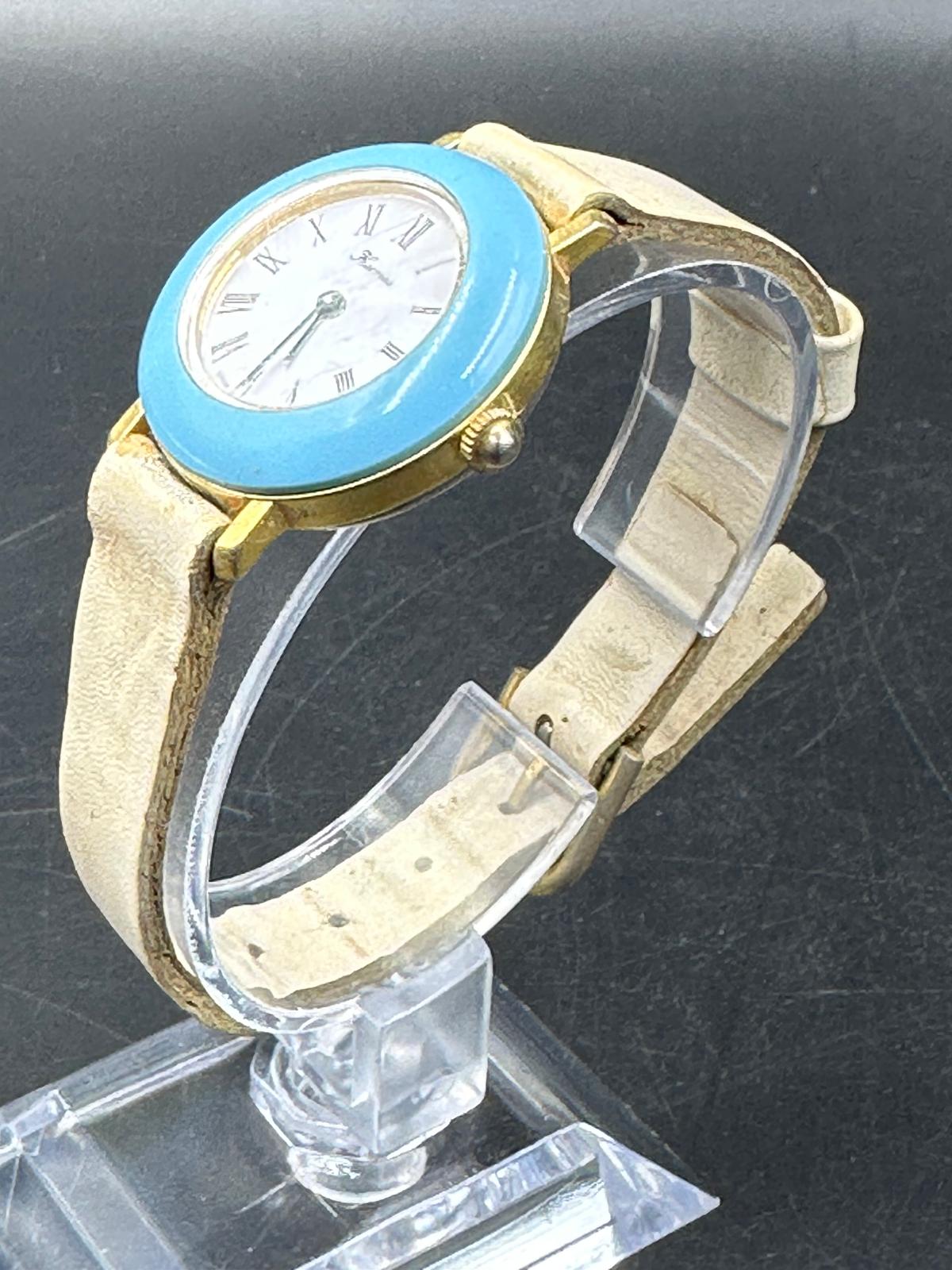 A vintage Hermes, blue bezel watch on stainless steel with white leather strap. - Image 2 of 4