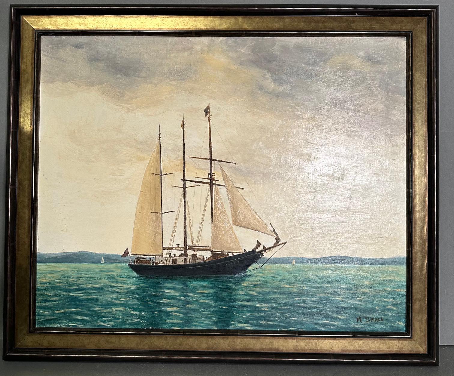 An oil on board of a sailing ship on a turquoise sea with costal back ground, signed M Small lower