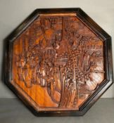 A Chinese, early 20th Century, carved wooden wall plaque, depicting Immortals.