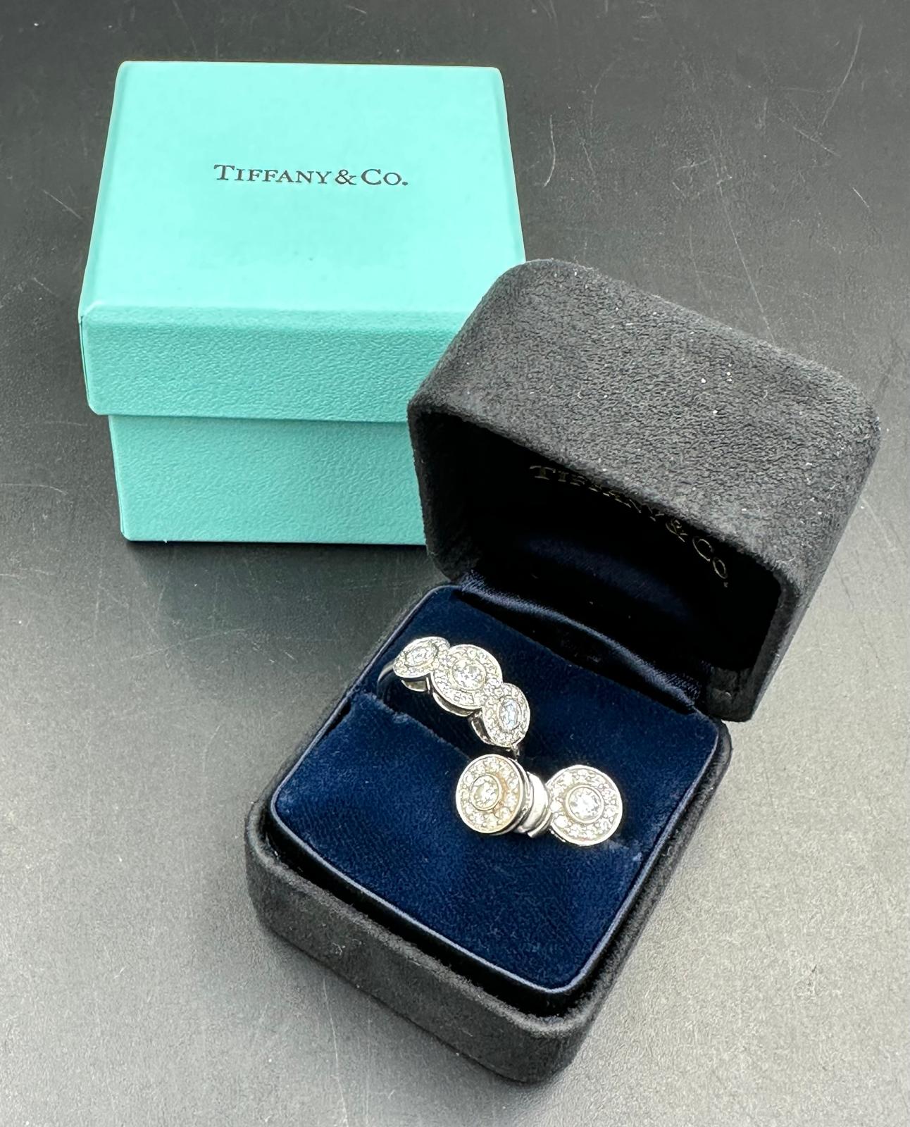 Diamond triple cluster ring and earrings suite mounted in platinum. Signed Tiffany PT 950. Diamond - Image 2 of 3