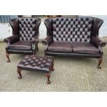Two seater button back salon sofa and matching chair and foot stool (H94cm W134cm D67cm)