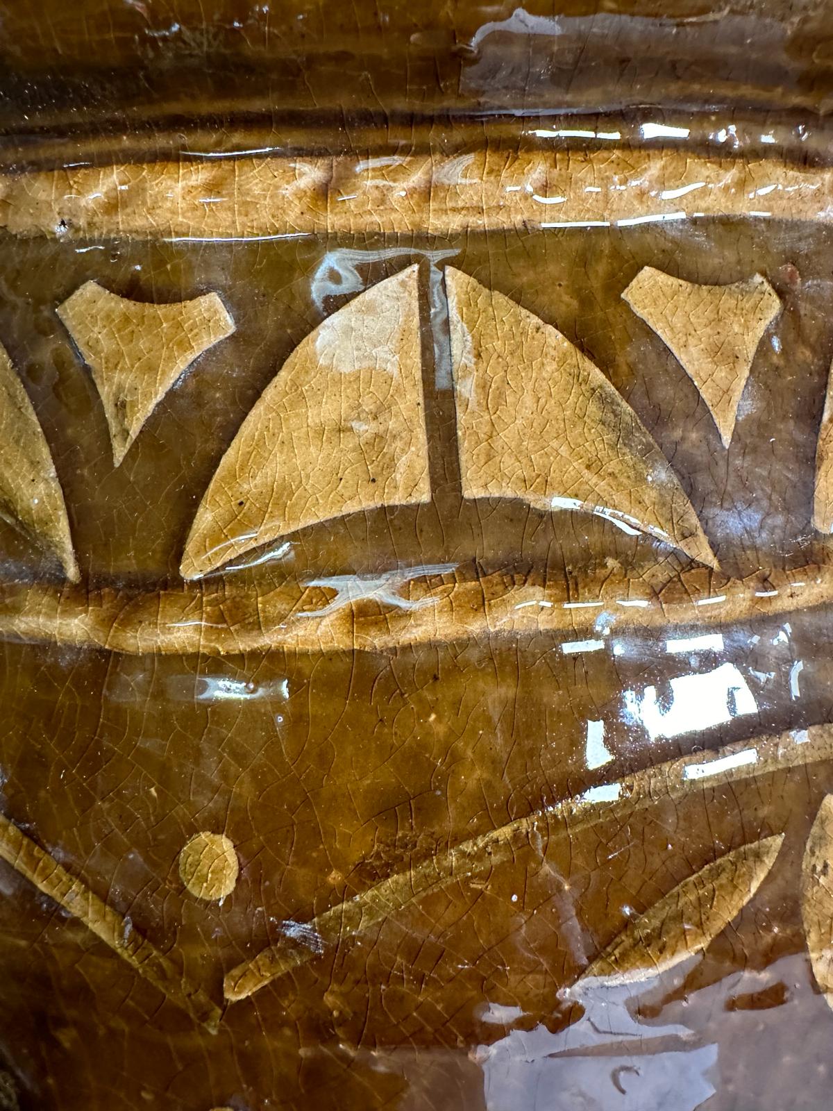 A brown studio pottery planter with crimped rim and floral motif. Height 43 - Image 3 of 4