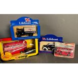 Four boxed toy cars, Corgi lifeboats, a Corgi London bus and black cab and a Matchbox bus