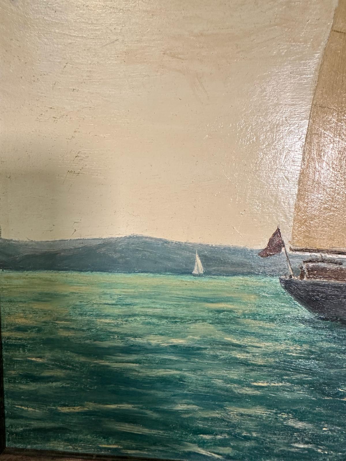 An oil on board of a sailing ship on a turquoise sea with costal back ground, signed M Small lower - Image 3 of 5