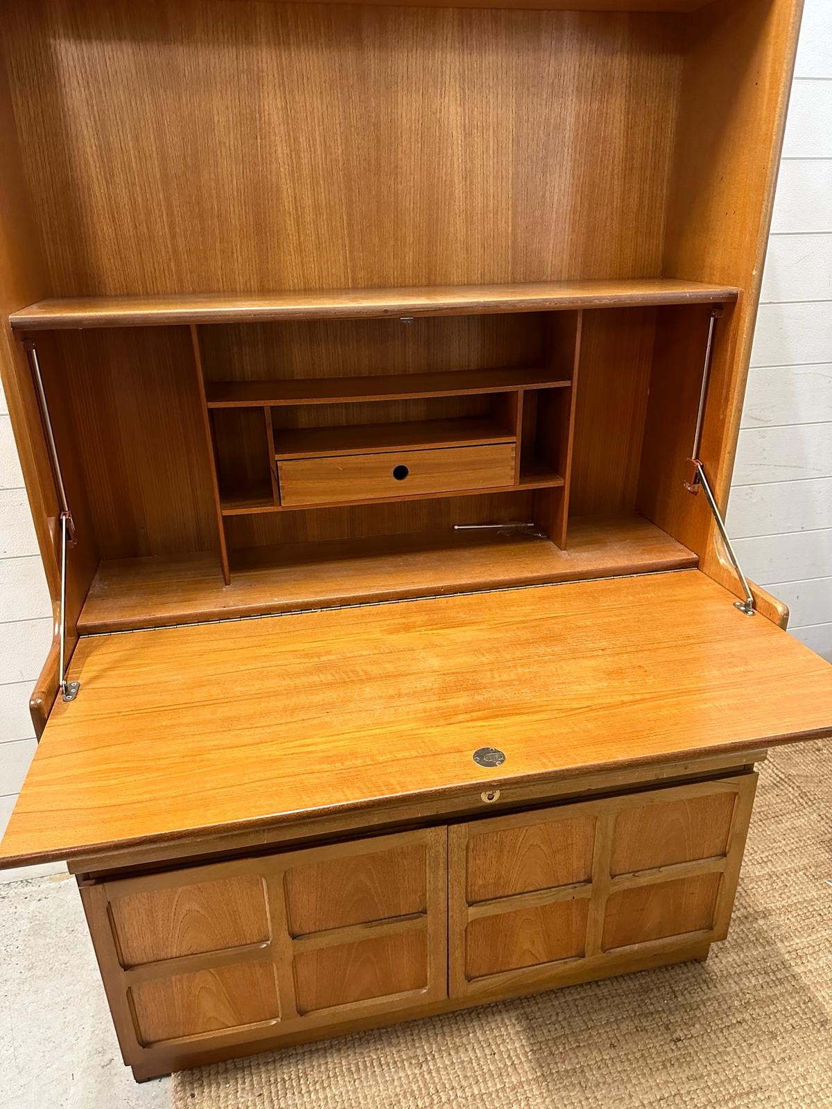 A Mid Century Nathan bookcase bureau with two door cupboard under, fall opening to reveal desk - Image 5 of 6