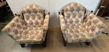 Two linen fold oak chairs with drop sides (H94cm W95cm)