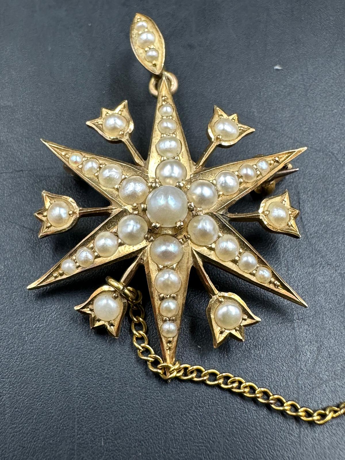 A Victorian star brooch with seed pearl decoration on 15ct yellow gold, with an approximate weight - Image 3 of 4