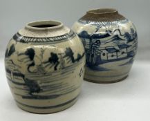 Two blue and white ginger jars in ovoid form landscape design (H18cm)