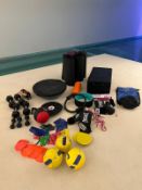 A large selection of Gym equipment including weights, plates box, boxing gloves etc