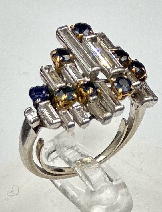 A vintage sapphire baguette cut diamond cocktail ring, diamond 1.2ct and sapphire 0.25ct, untested - Image 7 of 7