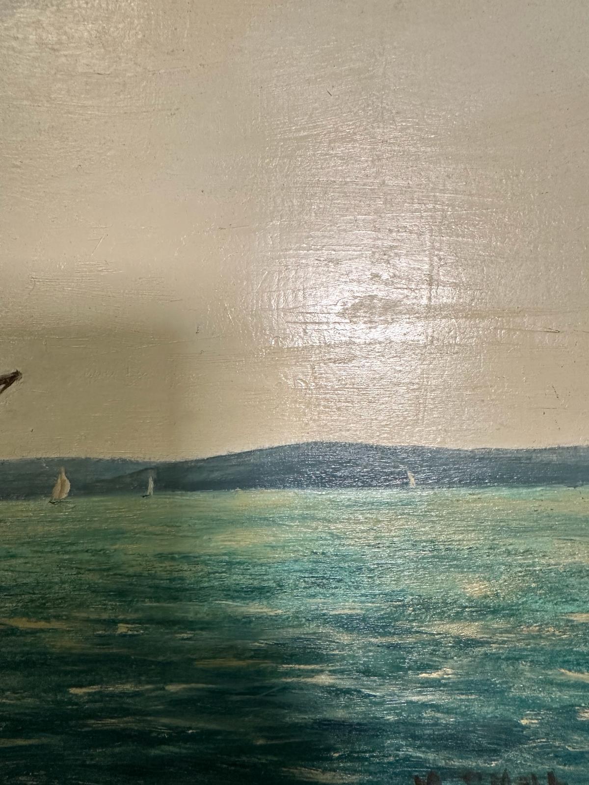 An oil on board of a sailing ship on a turquoise sea with costal back ground, signed M Small lower - Image 5 of 5