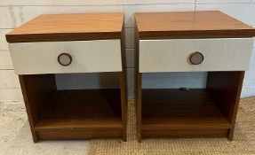 A pair of contemporary single drawer bedside tables with white drawers and wood effects tops (