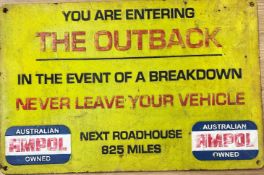 A cast iron yellow pointed Australian outback road sign 57cm x 38cm