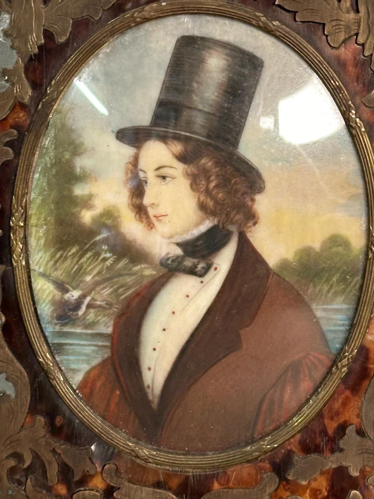 A miniature portrait of a young man in a lead frame with brass and tortoiseshell inlay - Image 4 of 8