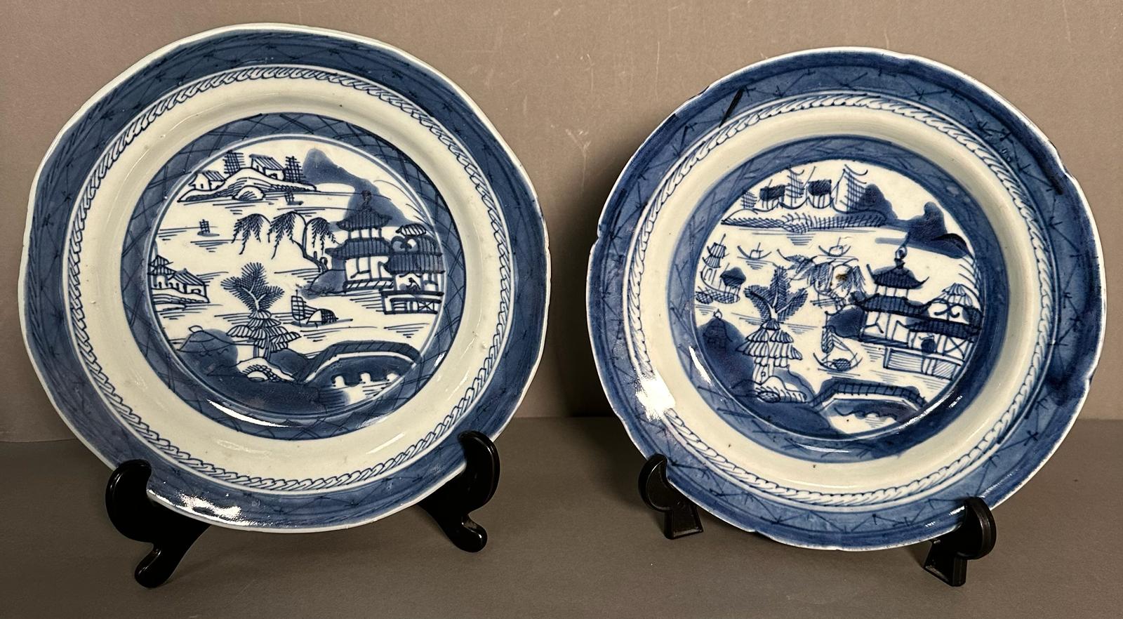 Two Chinese blue and white bowls with village country scene patterns - Image 5 of 8