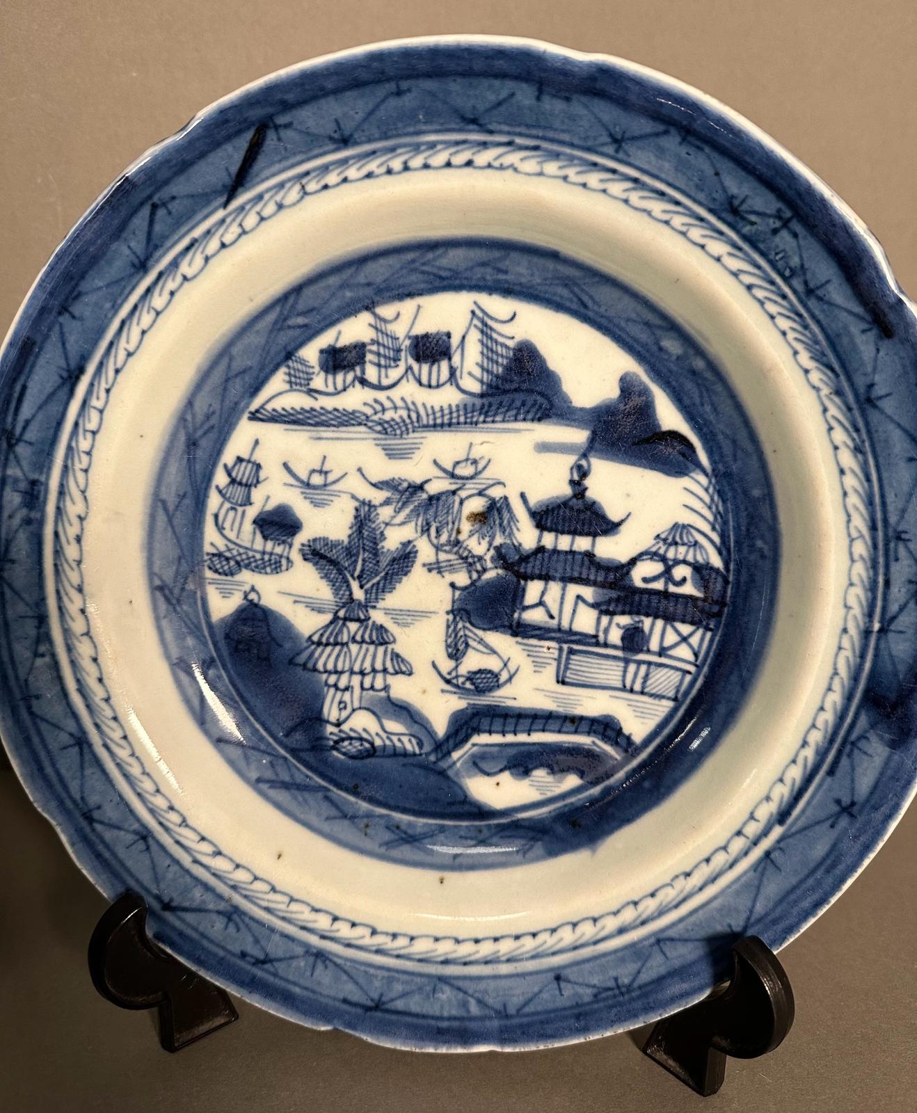Two Chinese blue and white bowls with village country scene patterns - Image 4 of 8