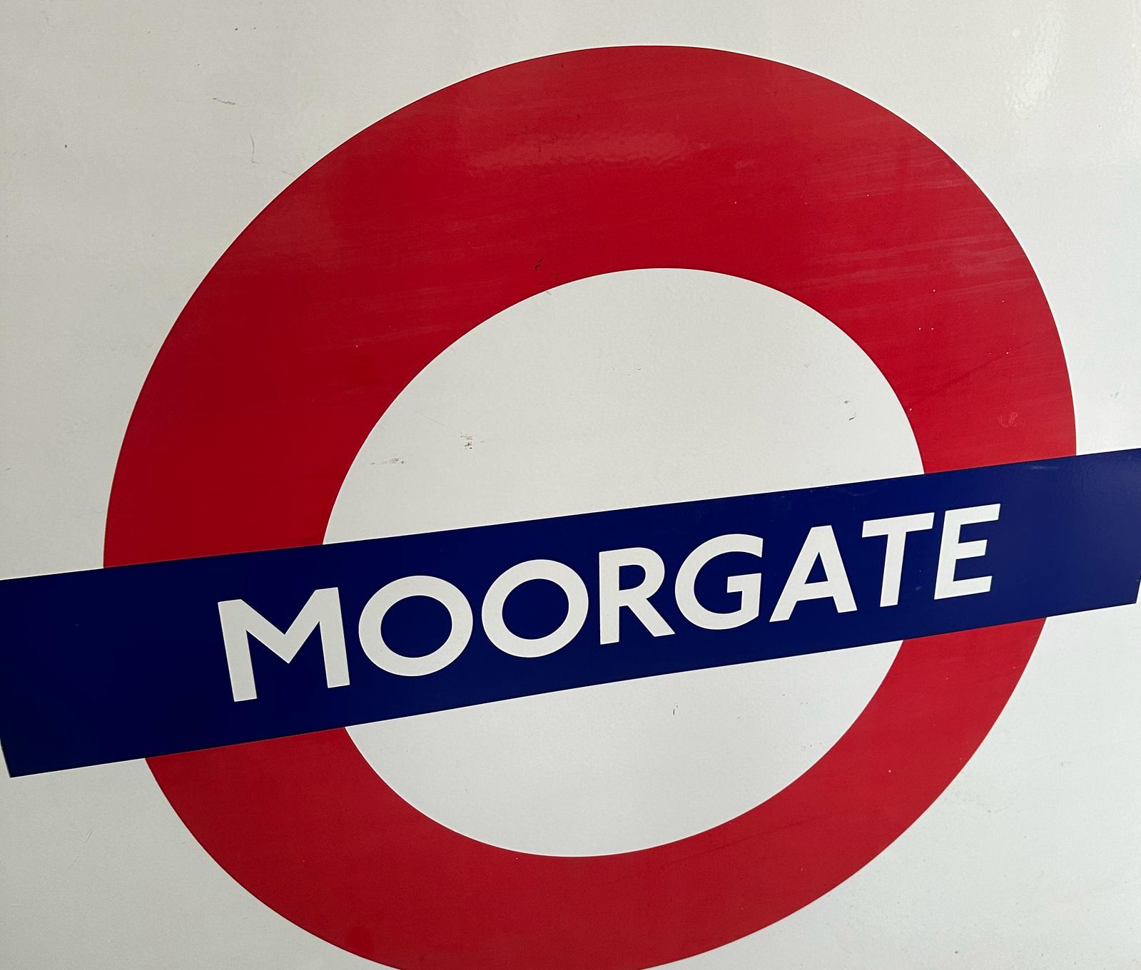 A large metal London underground sign from Moorgate station 149cm x 119cm - Image 4 of 4