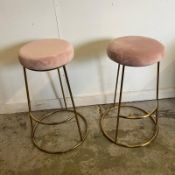 Two velvet topped stools on brass style bases (H74cm Dia34cm)