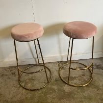 Two velvet topped stools on brass style bases (H74cm Dia34cm)