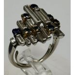 A vintage sapphire baguette cut diamond cocktail ring, diamond 1.2ct and sapphire 0.25ct, untested