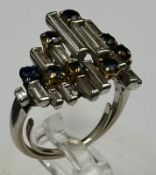A vintage sapphire baguette cut diamond cocktail ring, diamond 1.2ct and sapphire 0.25ct, untested