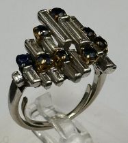 A vintage sapphire baguette cut diamond cocktail ring, diamond 1.2ct and sapphire 0.25ct, untested